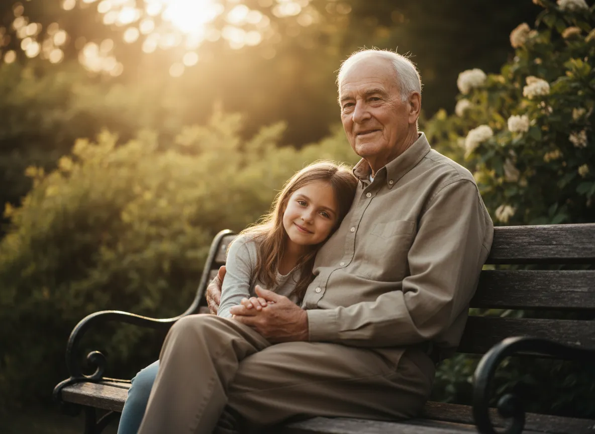Grandfather with granddaughter sitting on a park benh at Eternal Peace Cemetery 